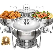 Vevor -lämpökupin buffet-setti, 5 Qt 4 pakkaus, ruostumattomasta teräksestä valmistettu lämpökuppi 4 täysikokoisella pannulla, pyöreä tarjoilulämmitin, jossa kansi, vesipannu, taitettava jalusta, häihi