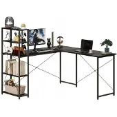 Hobby Hall Kulmatietokonepöytä hyllyillä ja hyllylevyllä, musta, teollinen, koulun parvi