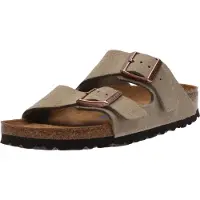Birkenstock for woman. 951303 Leather Arizona Sandals Soft Footbed (Narrow Fit) taupe (39), Flat, None, Casual