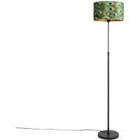 QAZQA Musta lattiavalaisin samettivarjostimella Peacock kullalla 35 cm - Parte