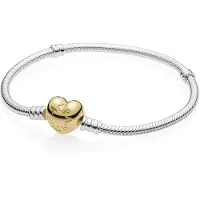Pandora Silver Bracelet With Heart-Shaped 14K Gold-Plated Clasp - Silver - 19 CM