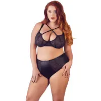 Cottelli Plus Size - Ristikkäiset Rintaliivit ja Alushousut (Musta) - 85E/L