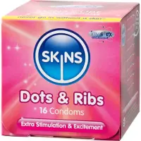 Skins - kondomi - nystyröity ja pallokuvioitu - 16 kpl