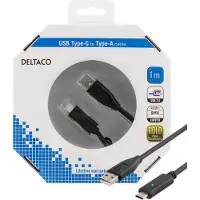 Deltaco – USB 2.0 -kaapeli, 1m, Type C - Type A uros, musta (USBC-1004-K)