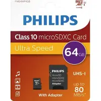 Philips 64 Gt MicroSDXC UHS-I U1 V10 A1 -muistikortti + SD-adapteri, musta