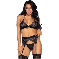 Leg avenue 3 kpl ripsien pitsiset rintaliivit sukkanauha ja g-string.