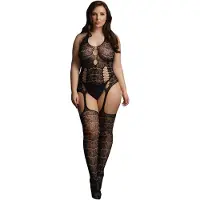 Shots - Le Désir Verkkokissapuku Plus Size 2XL–5XL – Pitsinen Cut-Out, Sukkanauhat & Säärystimet, Musta