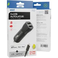 Wave Autolaturi 2xUSB ja iPhone Lightning MFI kaapeli