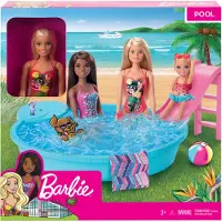 Barbie -nukke- ja allasleikkisetti Pink Slide -juomatarvikkeilla ja pyyheblondi muotinukke trooppisessa uimapuvussa