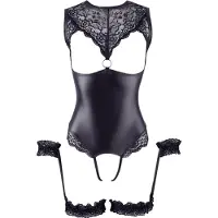 Cottelli Bondage - avonainen vartalopuku ja käsikahleet - kiiltävä musta - XL