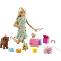 Barbie -puppyjuhlinukke ja leikkisetti, vaalea nukke auringonkukanmekolla, 2 lemmikkikoiraa, kakkumuottitaikina ja tarvikkeet