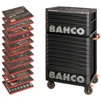 Bahco 1477K9 Premium -työkaluvaunu, musta, 9 laatikkoa + 1487K4 yläkaappi, musta, 4 laatikkoa, 556 työkalua