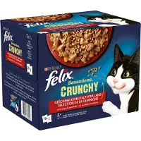Felix 20x85g "Sensations Crunchy" Pouches + 80 g päällinen - kana, nauta, kani, lammas Latz kissanruoka