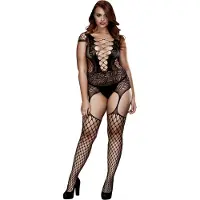 Baci Verkkokankainen Bodystocking Sukkanauhoilla ja Sukilla - Musta - Queen size