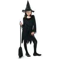 IPK Children's Witch Costume; Dress, Hat And Belt 128-134 Cm - Black - 116/128CM