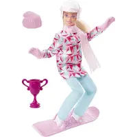 Barbie -lumilautailijan muotinukke talviurheiluteema, vaaleat hiukset ja takkihousut ja lumilautatarvikkeita