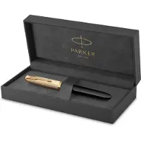 Parker 51 Fountain Pen | Deluxe Black Barrel with Gold Trim | Fine 18k Gold Nib with Black Ink Cartridge | Gift Box