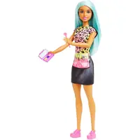 Barbie Careers -muotinukke ja asusteet Meikkitaiteilija sinivihre ll tukalla ja taideteoksia, kuten paletti ja sivellin