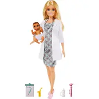 Barbie Baby Doctor ja Brunette Fashion Nukke, jolla on vaaleanpunaiset kuorintavaatteet 1 Vauvanukke, tarvikkeita ja huonekaluja