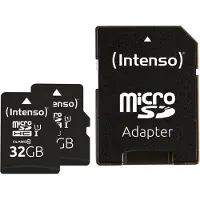 Intenso Premium 32 Gt MicroSDHC UHS-I V10 A1 -muistikortti + SD-adapteri, 2-pack, musta