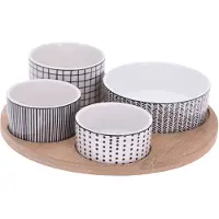 Excellent houseware Neljä posliinikulhoa bambutarjottimella herkkujen tarjoiluun