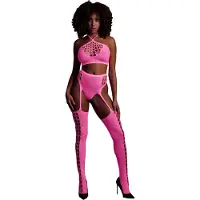 Ouch! Glow In The Dark Two Piece With Crop Top And Stockings Pink OS