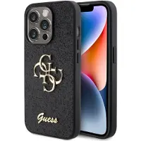 GUESS iPhone 15 Pro Fixed Glitter 4G Metal Logo Kotelo - Musta