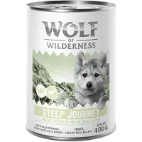 Wolf of Wilderness 6x400g Junior "Expedition", Steep Journey - siipikarjanliha karitsanlihalla, pentujen märkäruoka