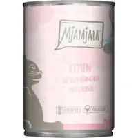 MjAMjAM Economy Pack 24x400g Kitten Juicy Chicken with Salmon Oil Märkä kissanruoka, jossa on lohiöljyä