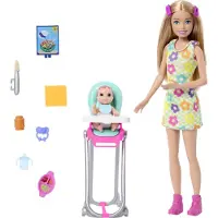 Barbie SKIPPER LASTENHOITAJANUKKE + SYÖTTÖTUOLI JA VAUVA HTK35