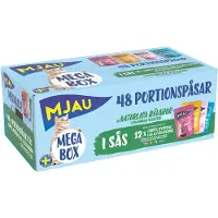 Mjau Säästöpakkaus: Megaboksi 96 x 85 g - sekoitus kastikkeessa (naudanliha, kana, taimen, lohi)