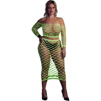 Ouch! - UV-valossa hohtava toppi ja hame -setti, vihreä, Plus Size, monikäyttöinen, kaksiosainen, seksikäs