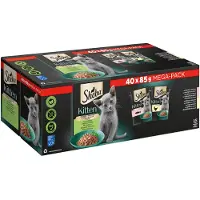 Sheba 40 x 85 g Kitten -lajitelmat tuorepussit samettinen lajitelma kastikkeessa (lohi, kana) Märkäruoka kissoille