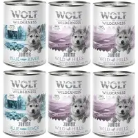 Wolf of Wilderness 12x400g Junior-lajitelma: 8x ankka & vasikka , 4x kana & lohi koiranruoka