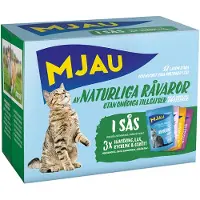 Mjau Säästöpakkaus: Cat Pouch 24 x 85 g - sekapaketti Liha- ja kalaruokia kastikkeessa (4 lajia)