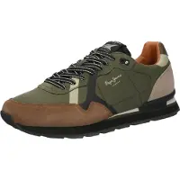 Pepe Jeans for man. PMS40007 Brit Road green leather shoes (44), Flat, Laces, Casual