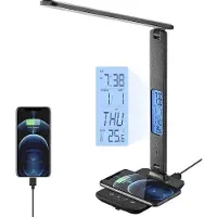 Hobby Hall LED-pöytälamppu langattomalla laturilla, USB-latausportti, kello, herätyskello, päivämäärä, lämpötilanäyttö