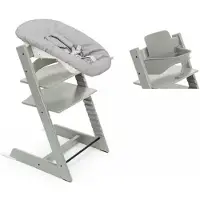 Stokke Tripp Trapp syöttötuoli etukaarella ja Newborn Set -istuimella Glacier Green