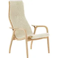 Swedese Lamino nojatuoli ja jalkarahi lakattu pyökki/lampaannahka Moonlight (beige)