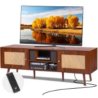 Vevor rottinki-TV-taso, 1900-luvun puolivälin moderni TV-taso 65 tuuman televisiolle, boheemi rottinki-TV-kaappi sisäänrakennetulla pistorasialla ja USB-porteilla, säädettävät hyllyt olohuoneeseen, me
