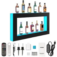 Vevor LED-valaistu alkoholijuomapulloteline, neliönmuotoinen, 48 tuumaa, valaistu baarihylly RF-kaukosäätimellä ja sovellusohjauksella, 7 staattista väriä, 1-4 tunnin ajoitus, akryylinen seinälle kiin