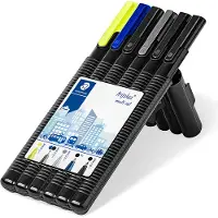 Staedtler triplus Black box - Kynä, Fineliner, rajauskynä, valokynä, mekaaninen lyijykynä ja rullakärkisetti - musta, sininen, keltainen (6 kpl)