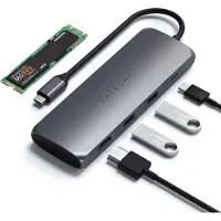 Satechi ST-UCHSEM USB-C Hybrid -multiport-sovitin M.2 SATA SSD -kotelolla, 1-paikkainen, USB 3.2 Gen 2, Space Grey