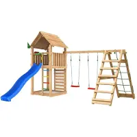 Jungle Gym Cabin 2.1 inkl. Climb Module, 120 kg hiekkaa ja sinistä liukumäkeä