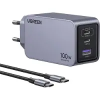 UGREEN Nexode Pro EU 3-Port GaN PD Fast Charger With USB-C Cable, Sisätila, AC, Musta, Harmaa (25874)