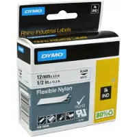 Dymo Rhino Industrial -joustava nailonteippi 12 mm x 3,5 m, musta valkoisella pohjalla