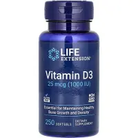 Life Extension , Vitamiini D3, 25 mcg (1 000 IU), 250 pehmeää tablettia