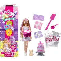 Barbie Party Unboxed husdjursfödelsedagsserie docka och tillbehör, Birthday Bows-set med 10 överraskningar