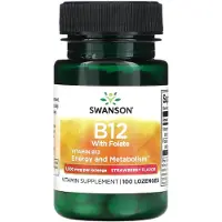 Swanson Health , Vitamiini B12 + Folaatti, Strawberry, 1 000 mcg, 100 Lozenges