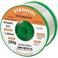 Stannol Kristall 611 Fairtin Lyijytön juotosjohde Sn96,5Ag3Cu0,5 REM1 250 g 1 mm